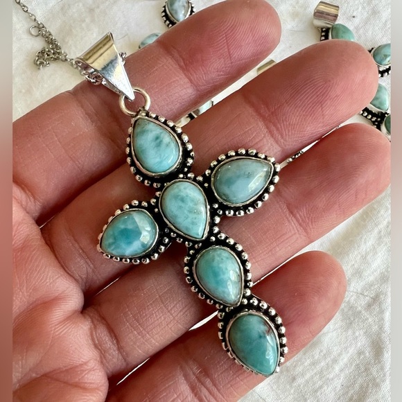 925 Calming Caribbean Larimar Cross Necklace Pendant (you choose size!) - Picture 4 of 8